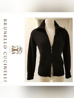Brunello Cucinelli 100% Cashmere Full Reverse Zip Cardigan in Jet Black Sz M-L
